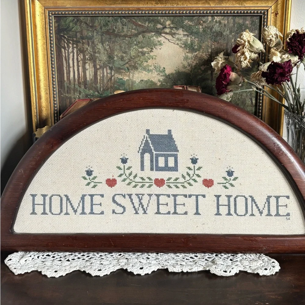 Vintage Cross-Stitch “Home Sweet Home” Arched Wooden Framed Kitchen/Entry Piece - Picture 11 of 14